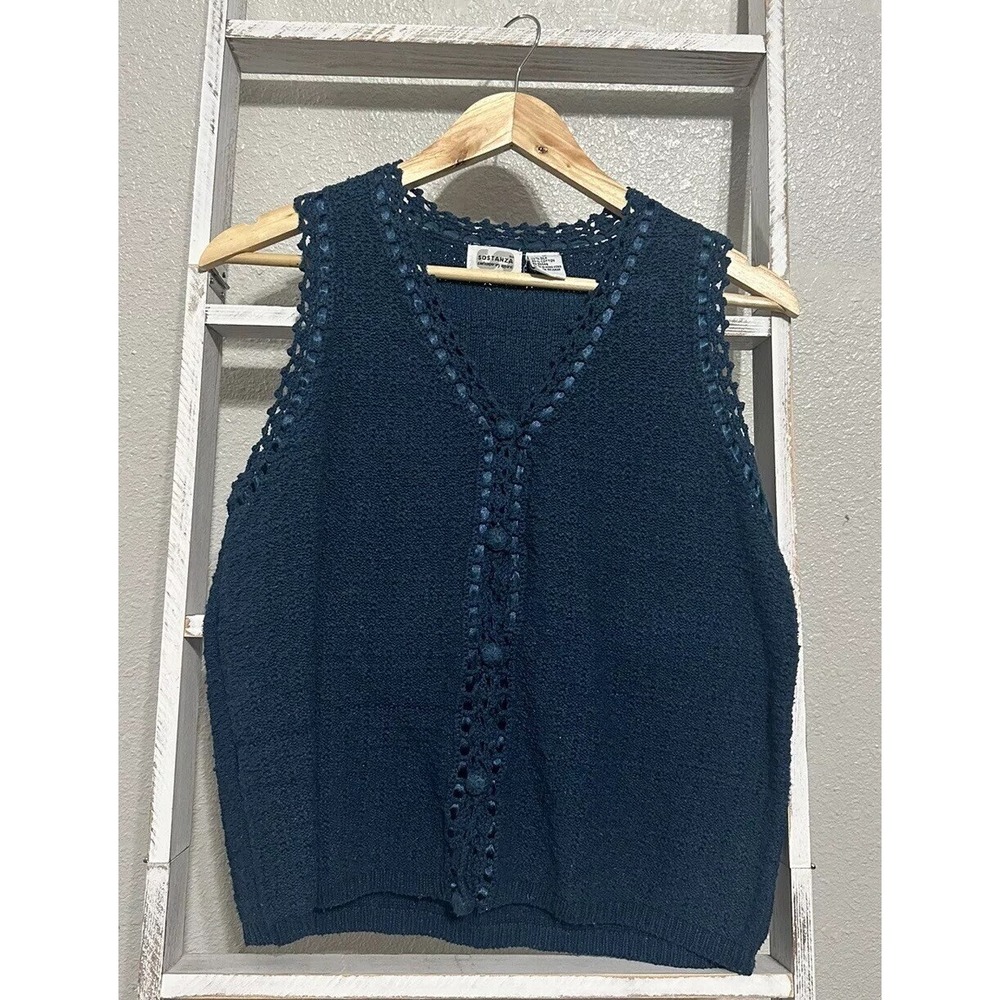 Vintage Sz Medium Sostanza Blue Silk Cotton Knit Vest Ribbon Trim Boho Festival‎